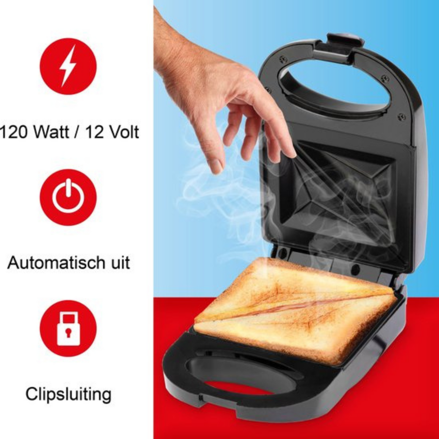 All Ride Tosti-Apparaat - 12 Volt - voor Onderweg - Indicatielampen - Clipsluiting - Zwart