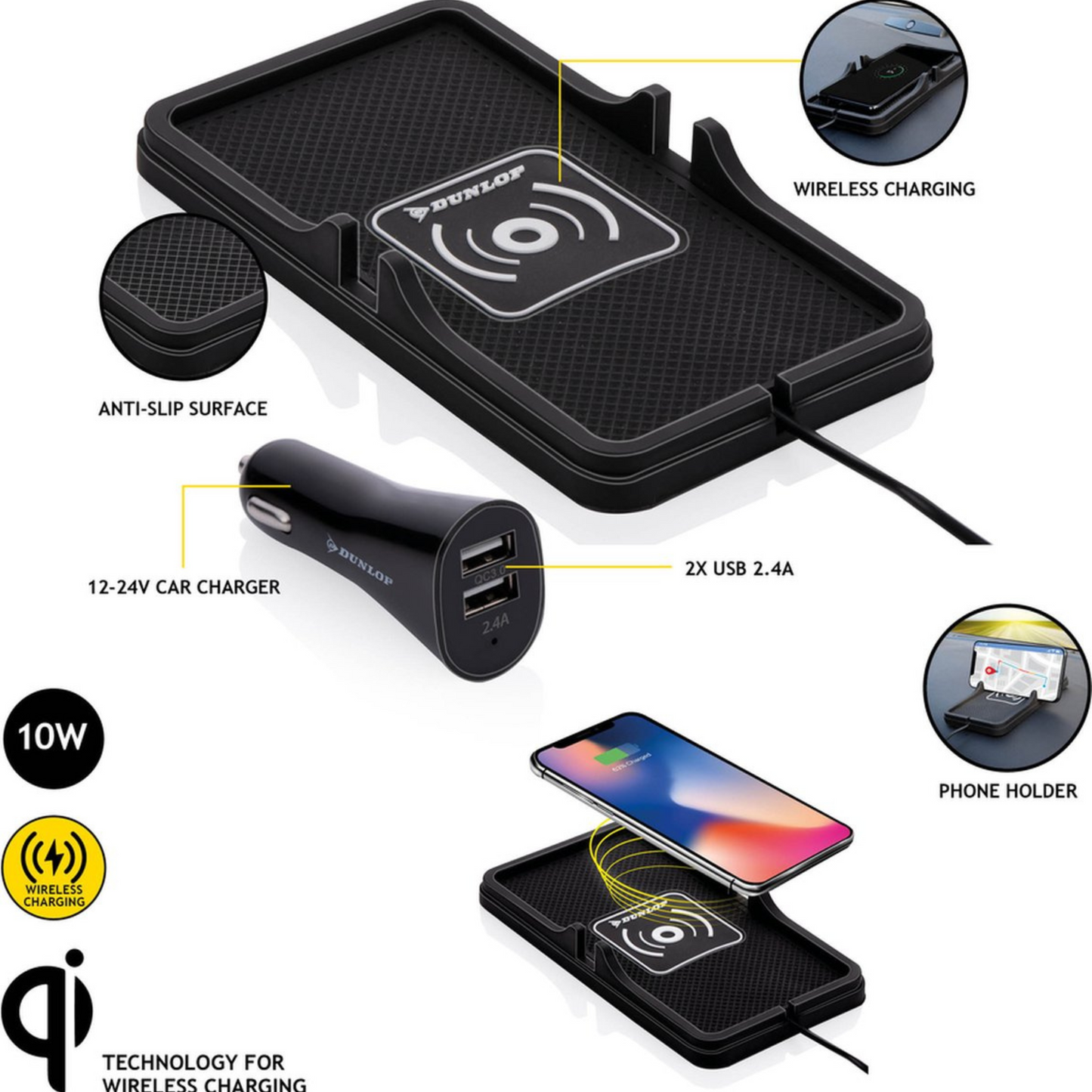 Dunlop Telefoonhouder Auto/ Qi Oplader - Draadloos Opladen - Snellader - Incl. Autolader en Kabel