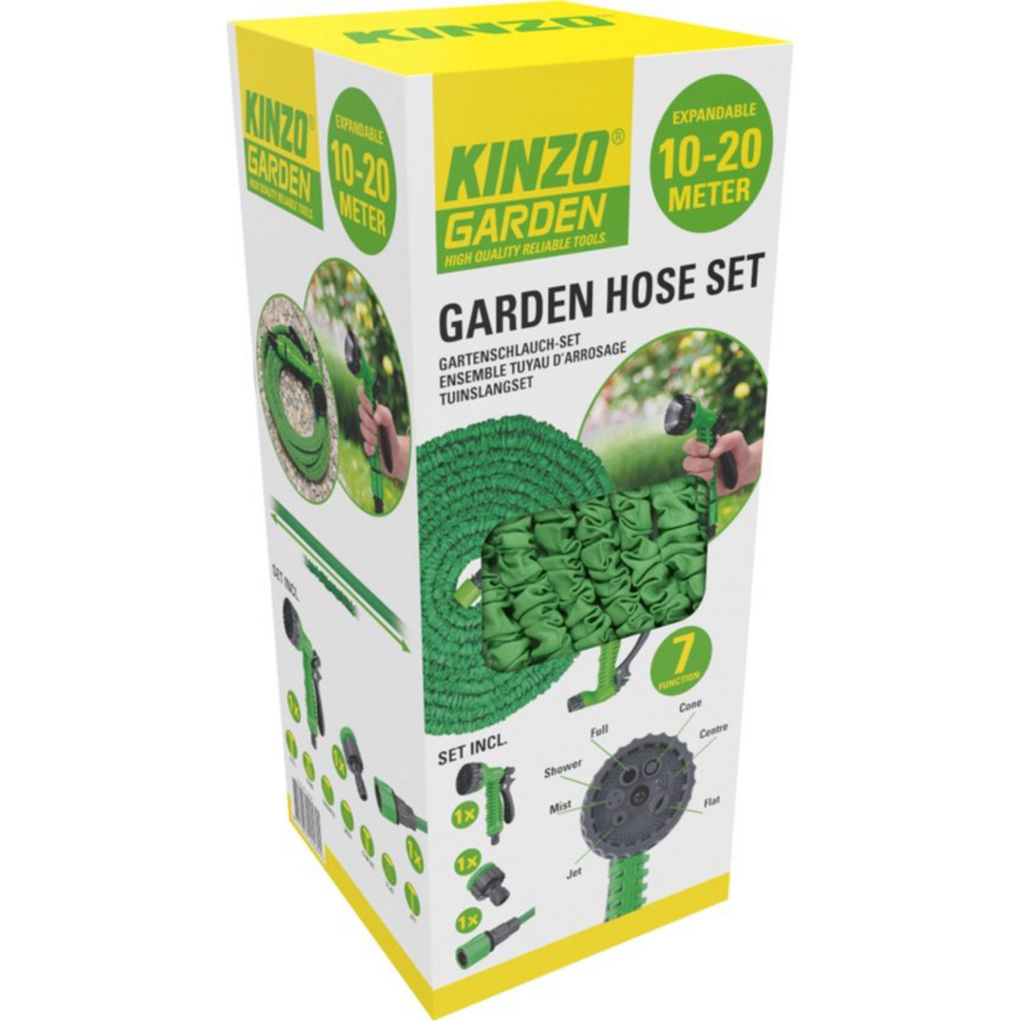 Kinzo Flexibele Tuinslang 20M - Incl. Opzetstuk - Sproeikop met 7 Spraystanden - Kunststof - Groen/Grijs