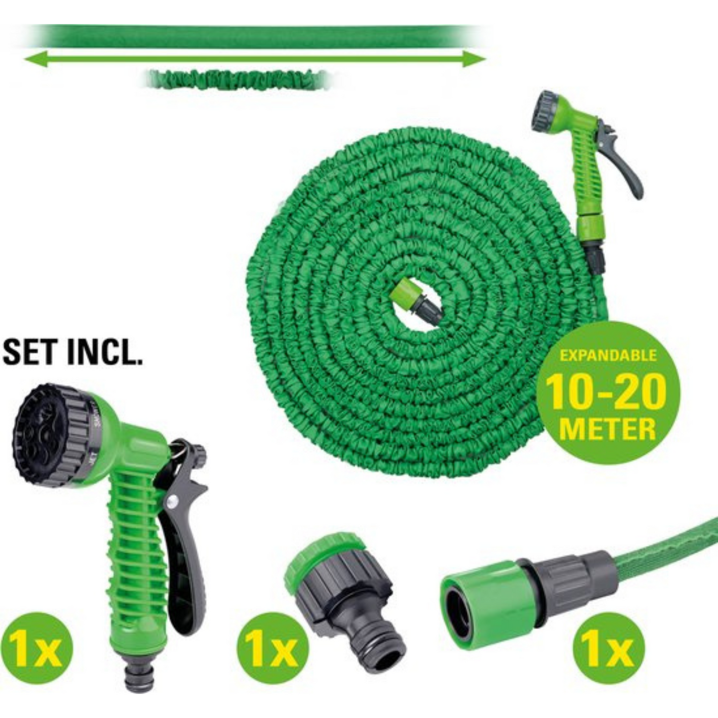 Kinzo Flexibele Tuinslang 20M - Incl. Opzetstuk - Sproeikop met 7 Spraystanden - Kunststof - Groen/Grijs