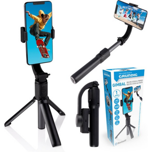 Grundig 2-in-1 Selfiestick en Mini Tripod - Gimbal Stabilisator - Selfie Stick en Statief met Afneembare Afstandsbediening - voor Vlogs, Selfies en Actie-beelden - Zwart