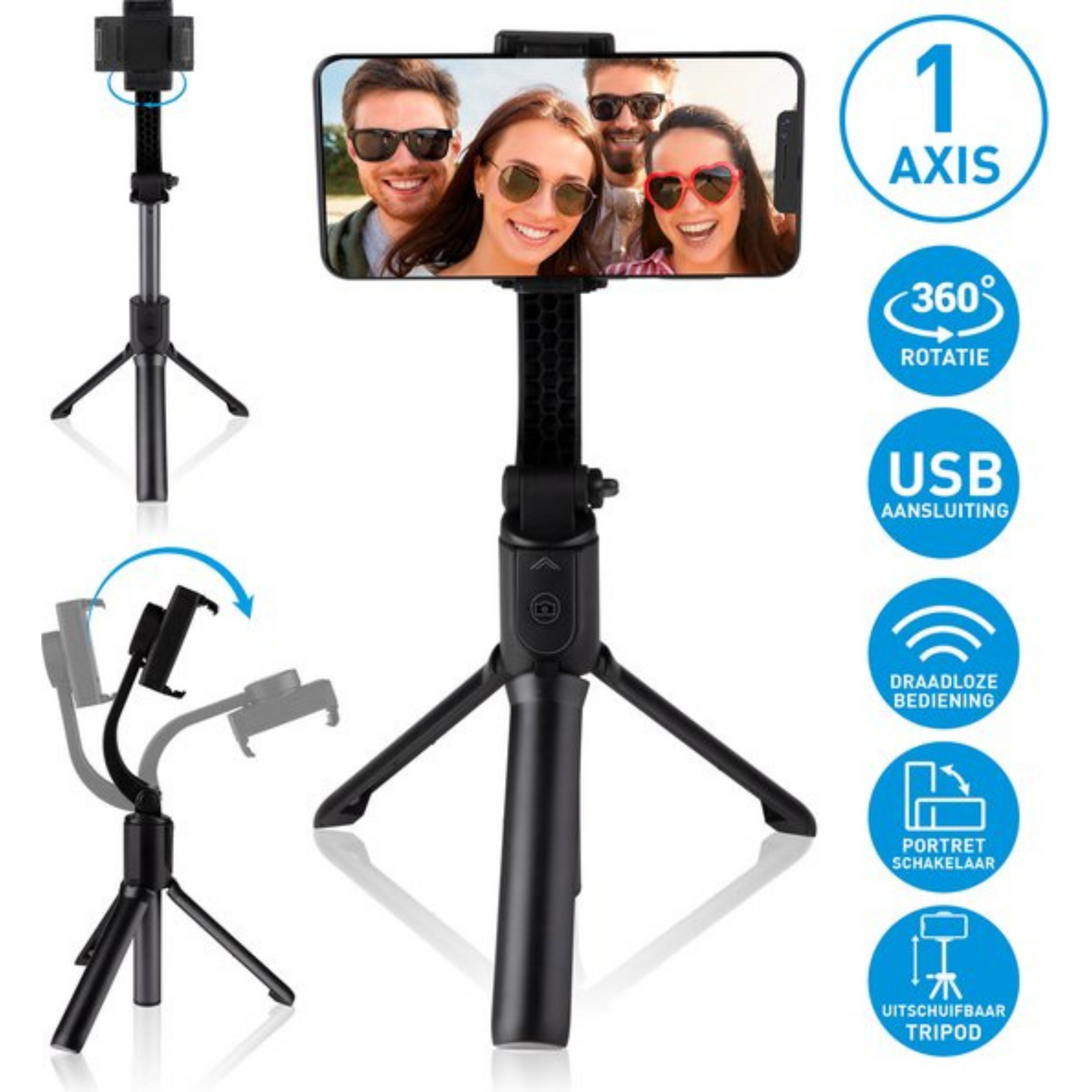 Grundig 2-in-1 Selfiestick en Mini Tripod - Gimbal Stabilisator - Selfie Stick en Statief met Afneembare Afstandsbediening - voor Vlogs, Selfies en Actie-beelden - Zwart