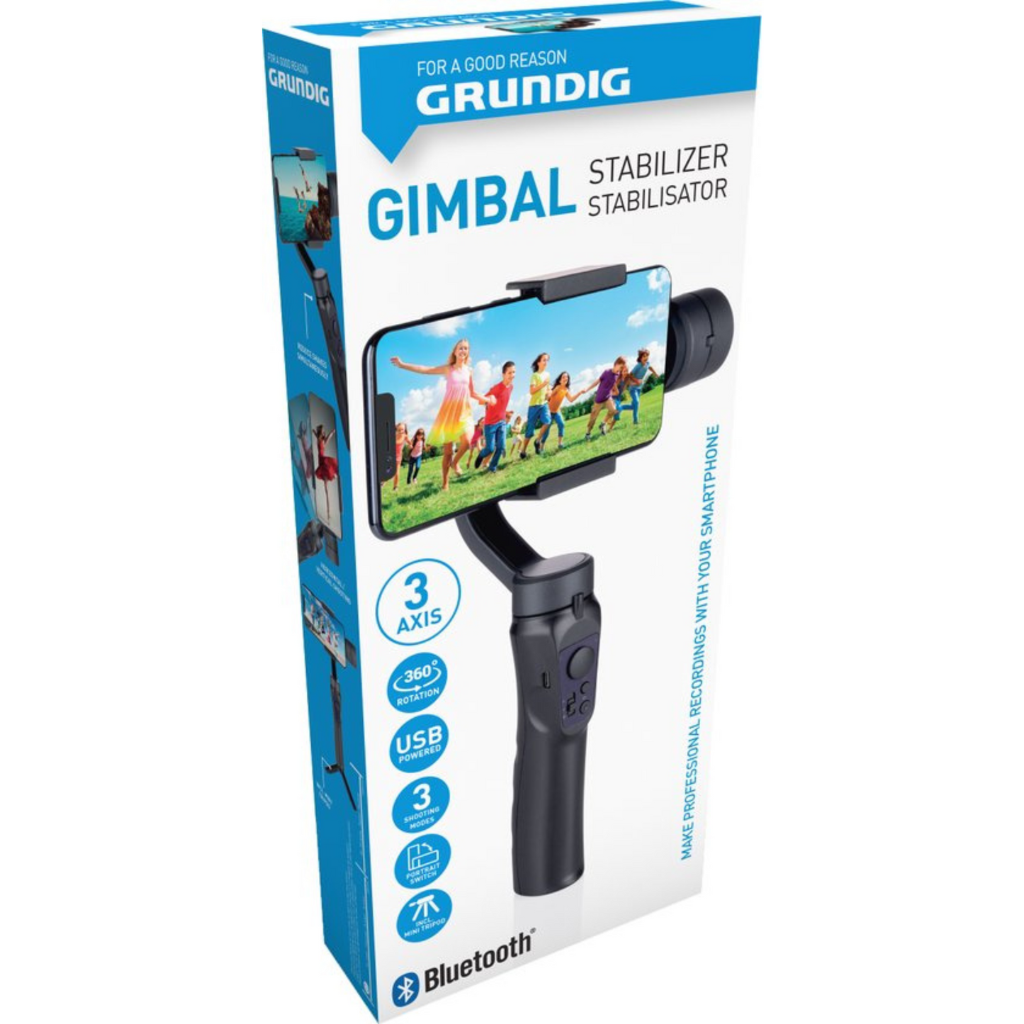 Grundig 2-in-1 Selfiestick en Mini Tripod - Gimbal Stabilisator - Selfie Stick en Statief met Afneembare Afstandsbediening - voor Vlogs, Selfies en Actie-beelden - Zwart