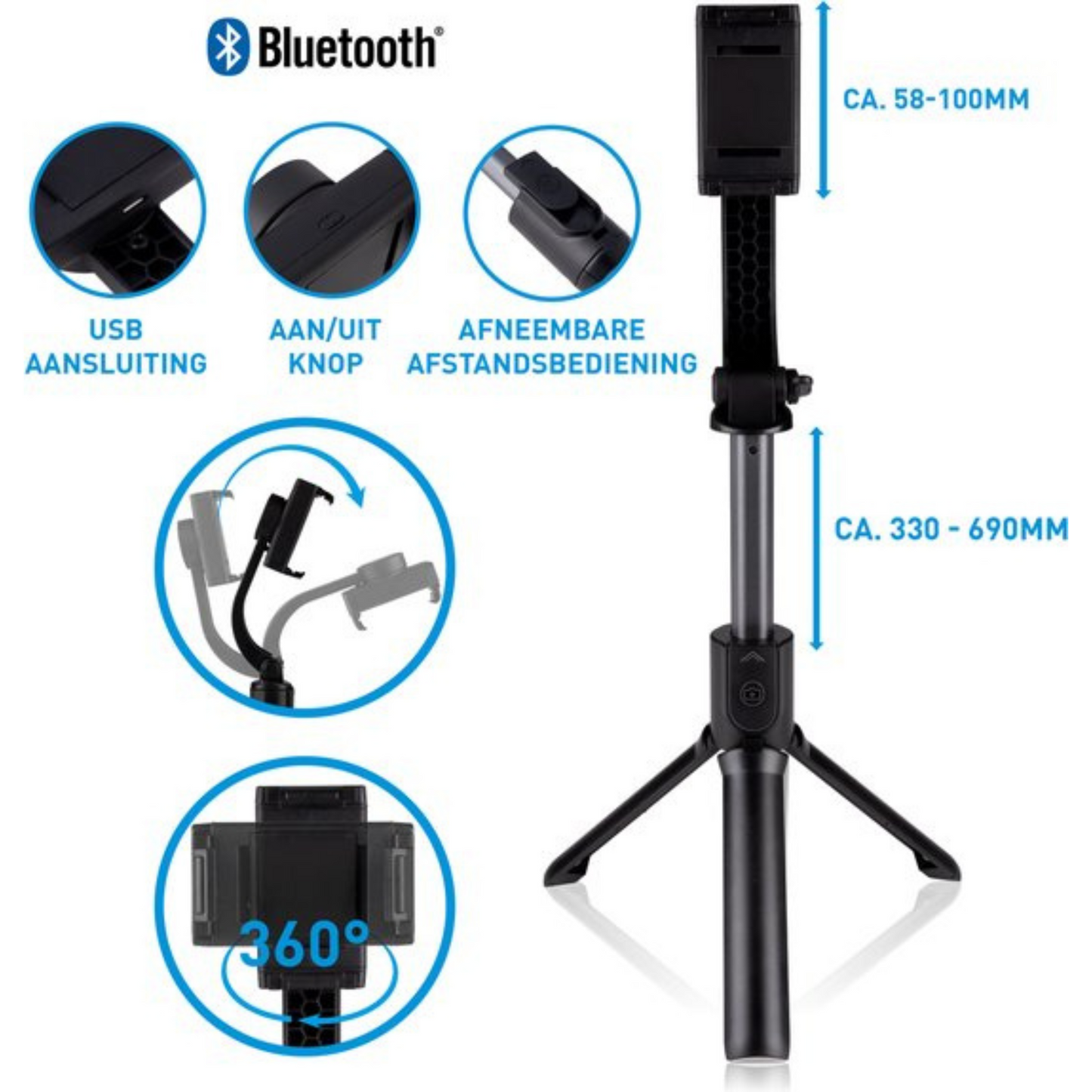 Grundig 2-in-1 Selfiestick en Mini Tripod - Gimbal Stabilisator - Selfie Stick en Statief met Afneembare Afstandsbediening - voor Vlogs, Selfies en Actie-beelden - Zwart