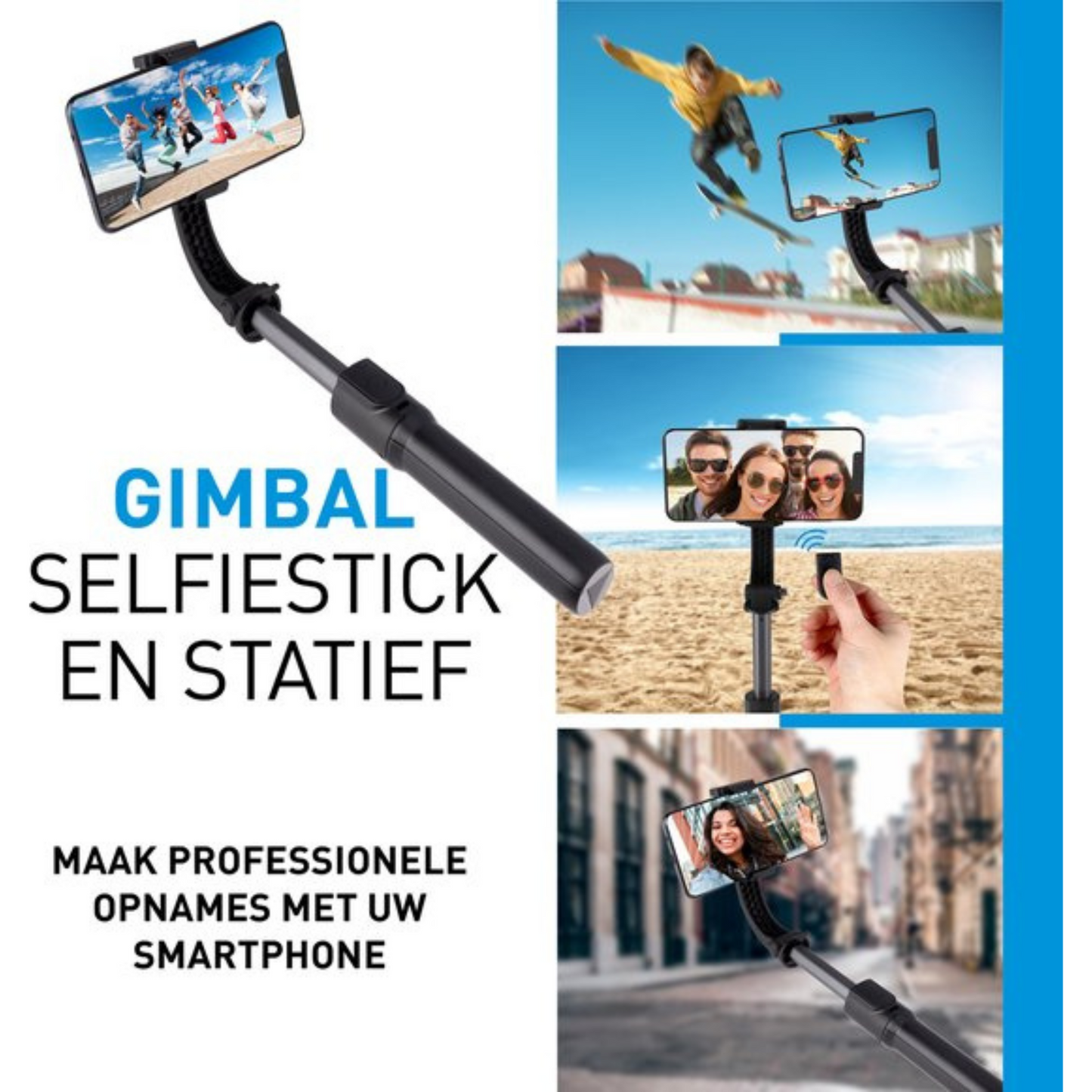 Grundig 2-in-1 Selfiestick en Mini Tripod - Gimbal Stabilisator - Selfie Stick en Statief met Afneembare Afstandsbediening - voor Vlogs, Selfies en Actie-beelden - Zwart