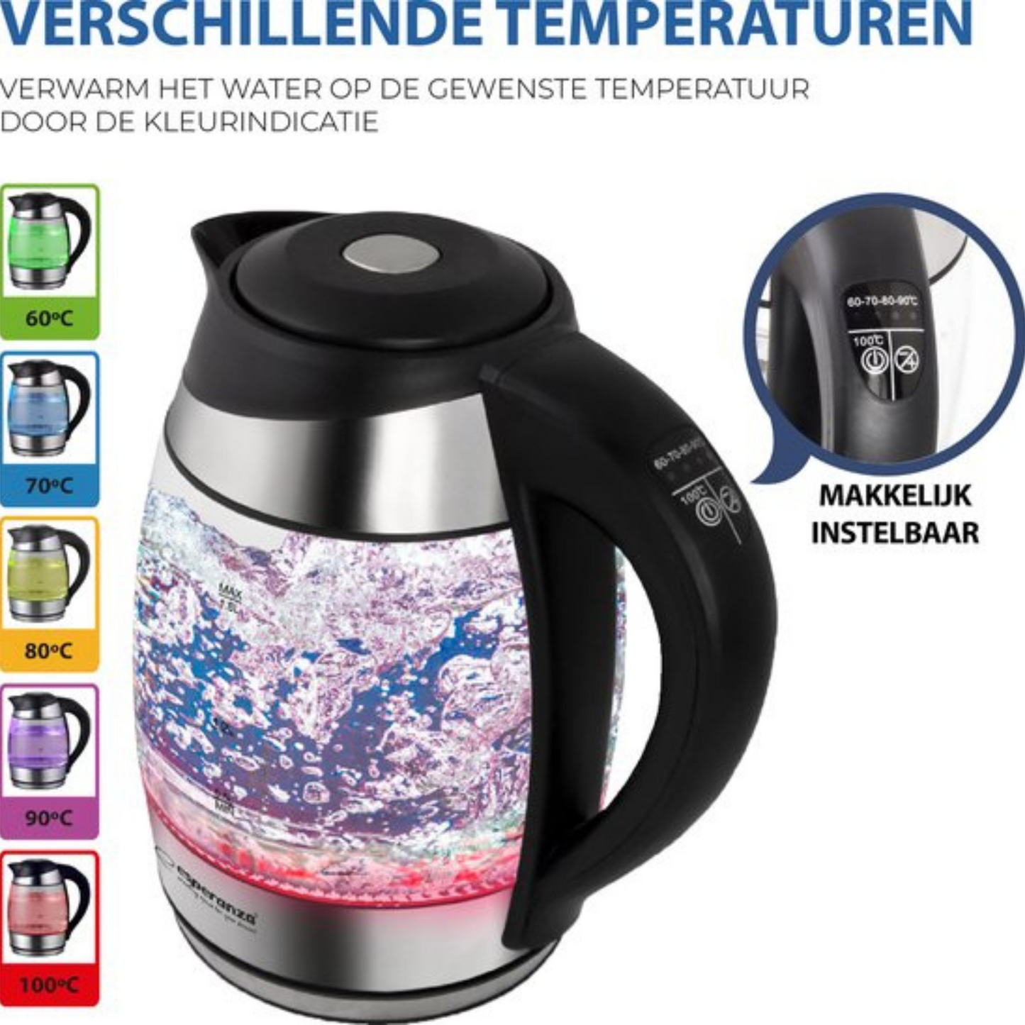 Esperanza EKK026 - Glazen Waterkoker - LED verlichting - 1,7 Liter - Instelbare Temperatuur