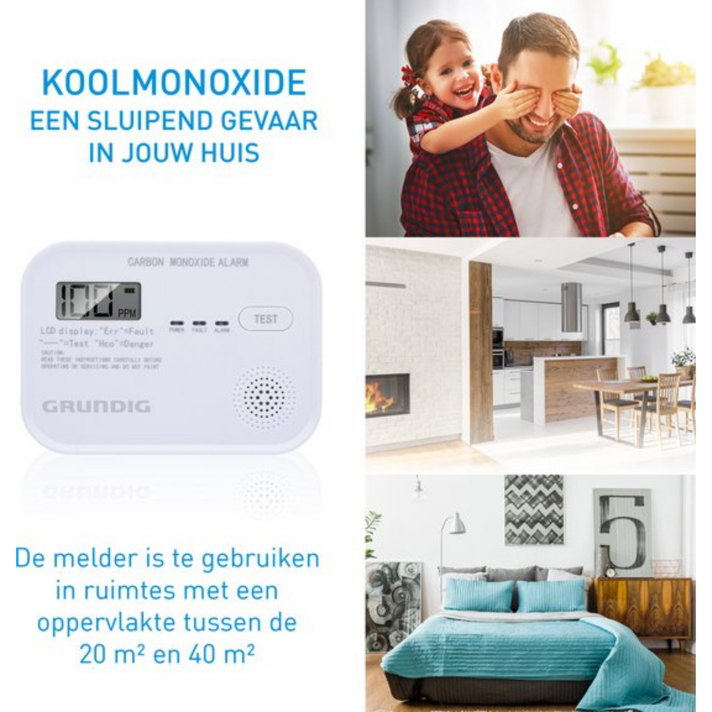 Grundig CO Melder - Koolmonoxidemelder 10 Jaar Batterij - Co Meter met LCD Scherm, Laag Batterij Niveau Alarm en Sensorfout Alarm - Co2 Melder 85dB Alarm - Wandmontage - Wit