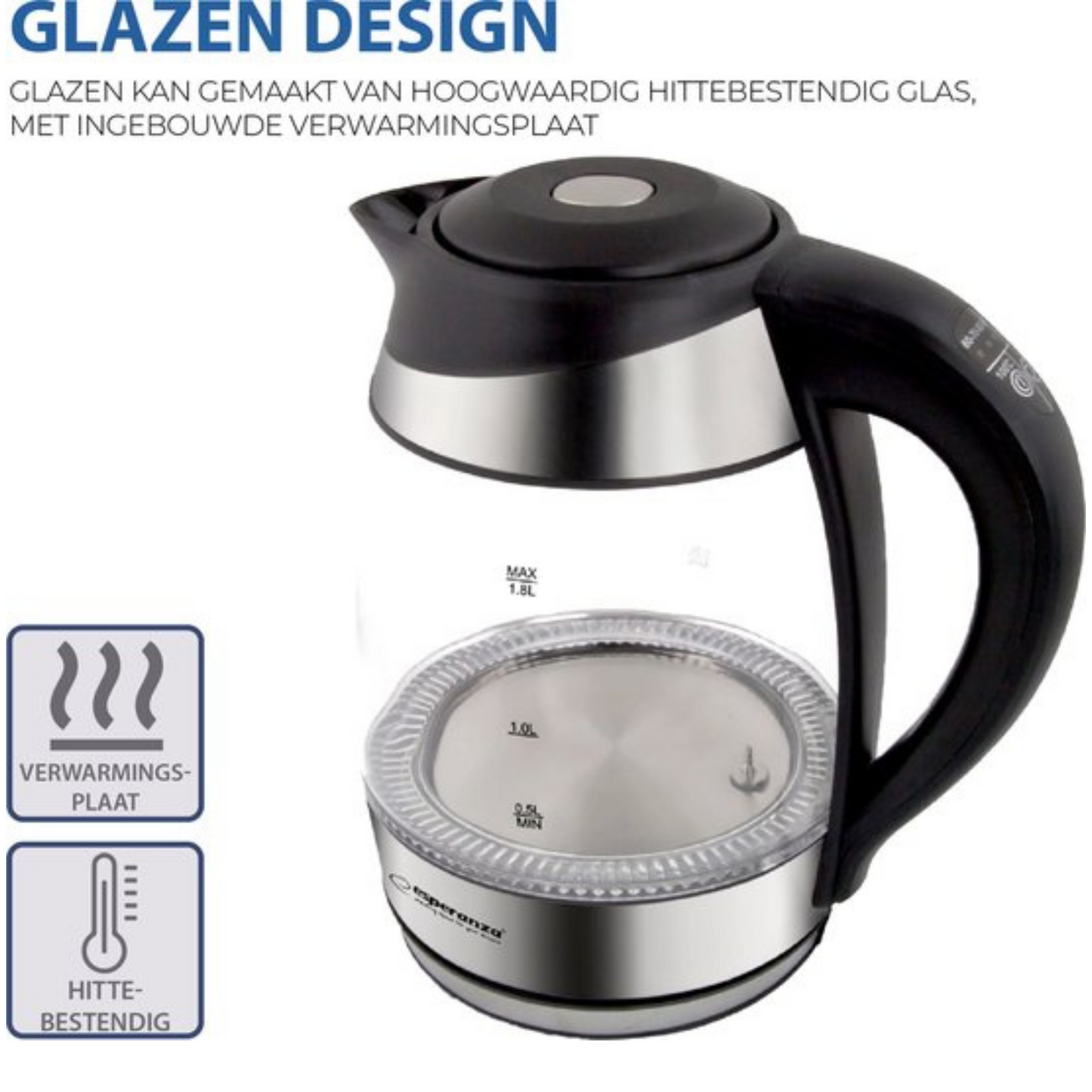 Esperanza EKK026 - Glazen Waterkoker - LED verlichting - 1,7 Liter - Instelbare Temperatuur