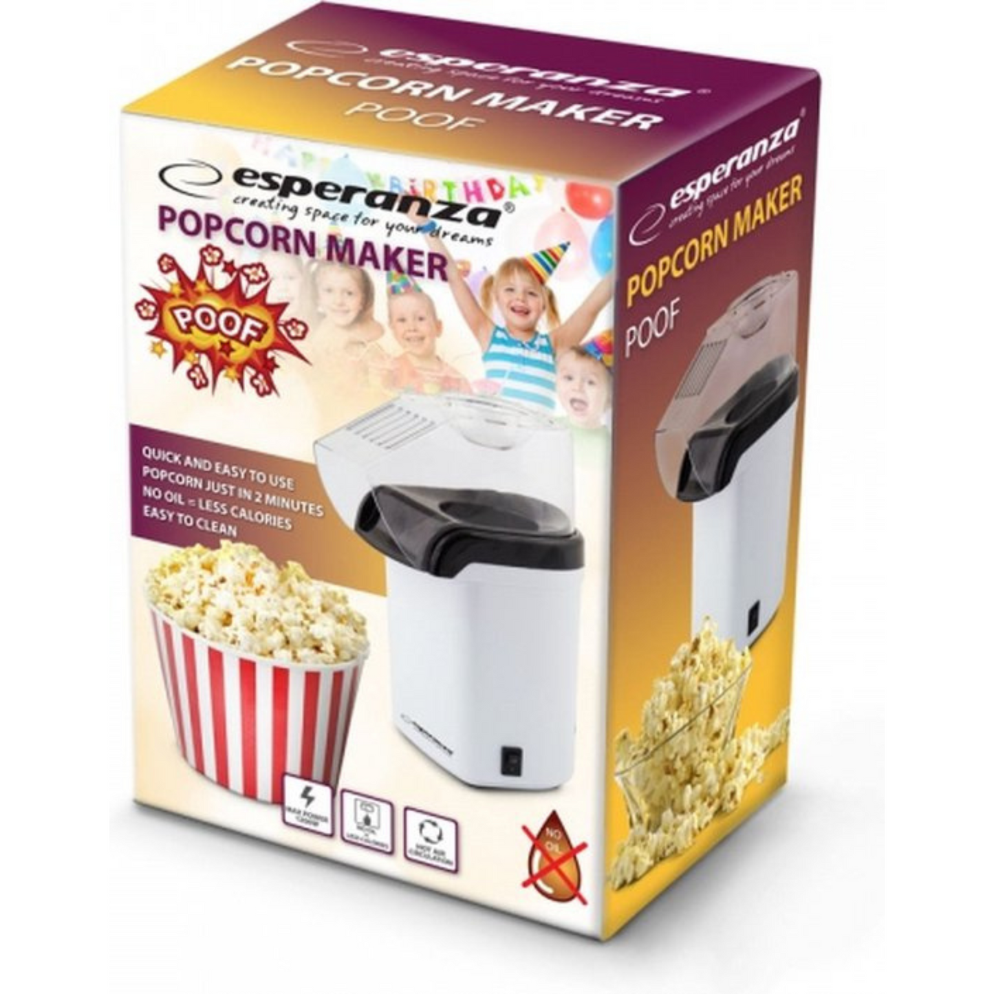 Esperanza Popcornmaker - Hetelucht popcorn machine zonder olie - 1200 Watt - 27 cm - Vierkant