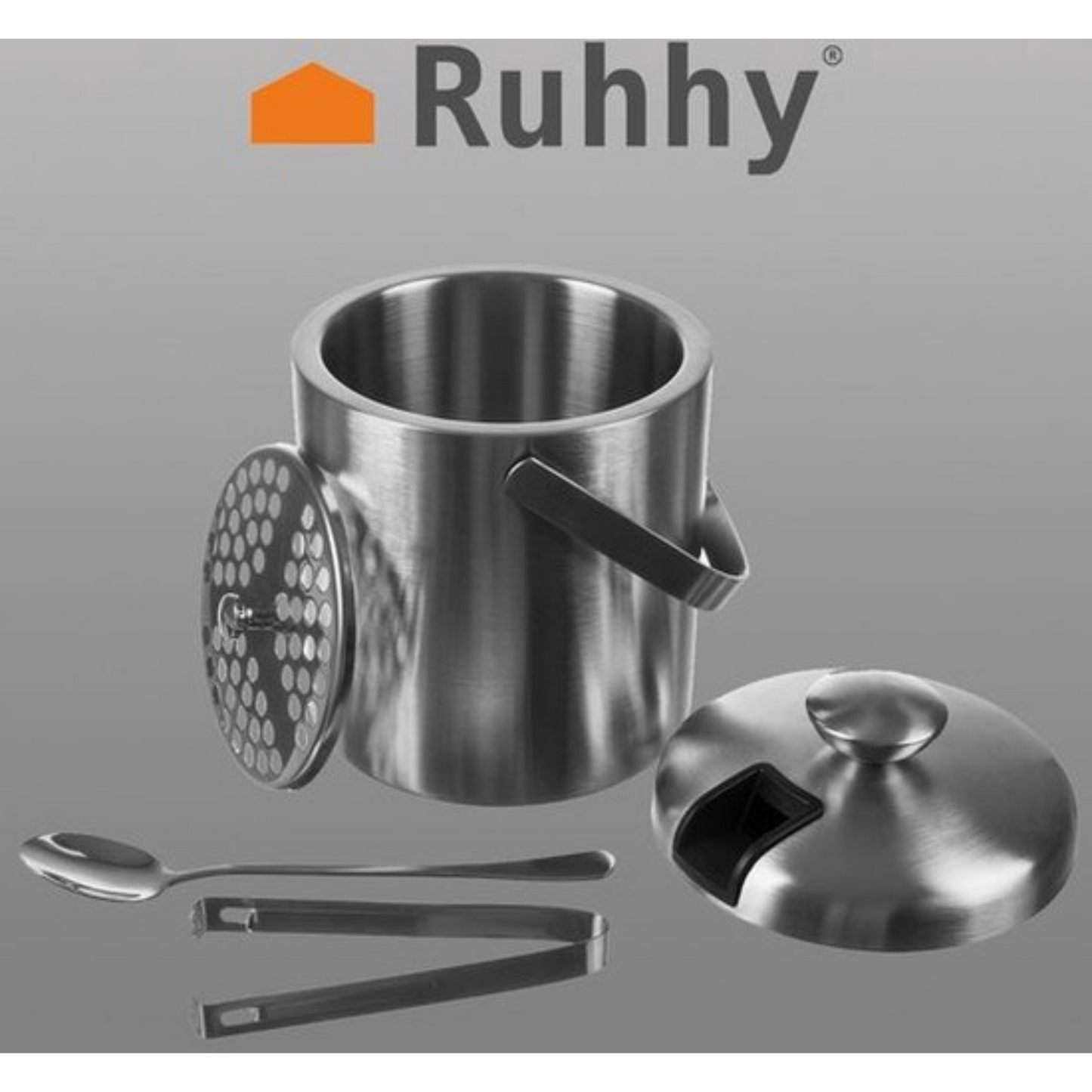 ijsemmer met tang, lepel en deksel 1,3 liter - ijsblokjesemmer zilver - RVS