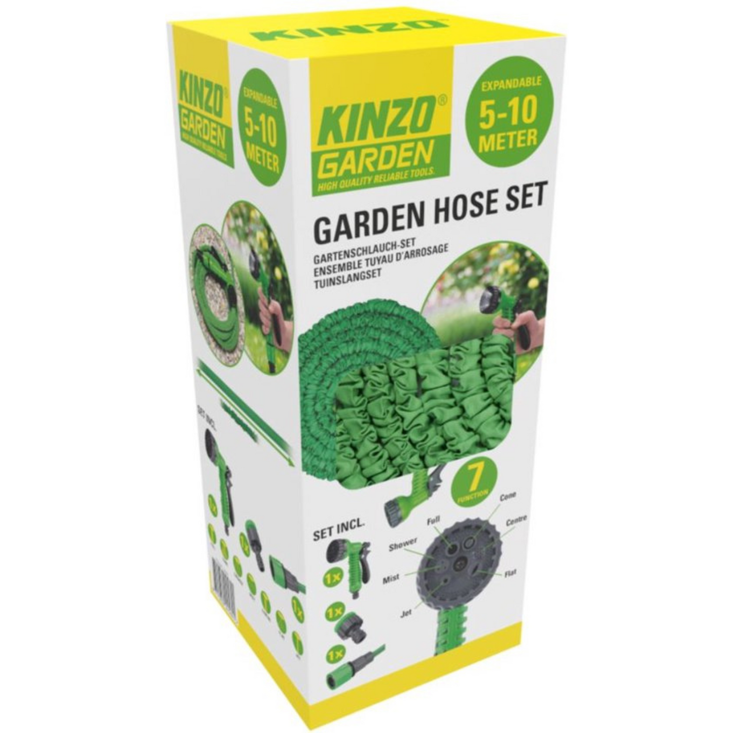 Kinzo Flexibele Tuinslang 10M - Incl. Opzetstuk - Sproeikop met 7 Spraystanden - Kunststof - Groen/Grijs