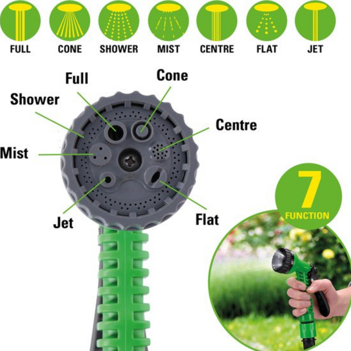 Kinzo Flexibele Tuinslang 10M - Incl. Opzetstuk - Sproeikop met 7 Spraystanden - Kunststof - Groen/Grijs