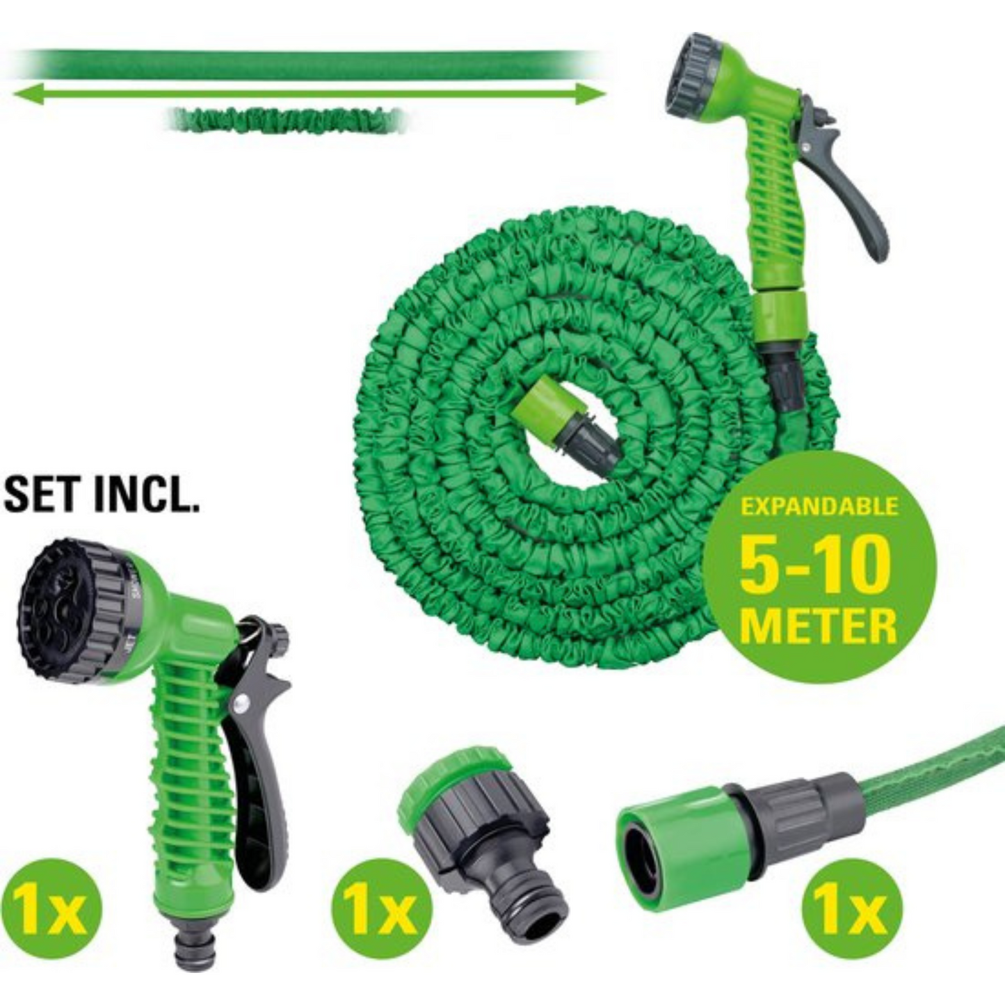 Kinzo Flexibele Tuinslang 10M - Incl. Opzetstuk - Sproeikop met 7 Spraystanden - Kunststof - Groen/Grijs