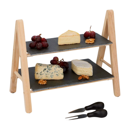 Alpina borrelplank 2-Laags etagère van leisteen en hout